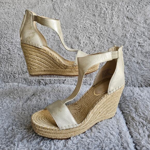 Kenneth Cole Women Leather Olivia T-Strap Espadrilles Wedge Sandal Size 8.5 Gold - Picture 1 of 6